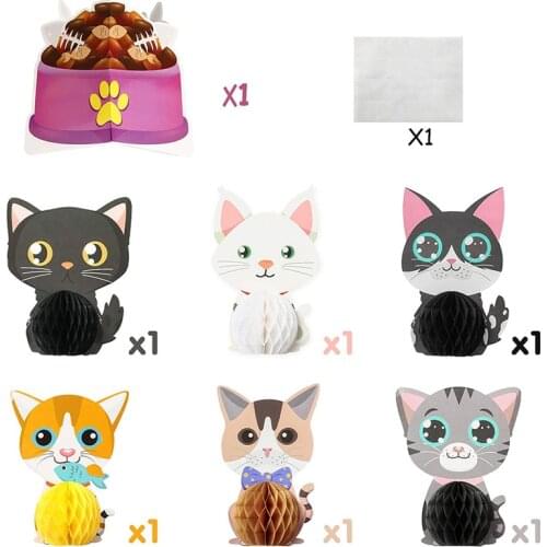 7Pcs Cat Themed Honeycomb Pet Birthday Party Decoration Parties Favors Supplies Pet Decorations Photo Booth Props for Children