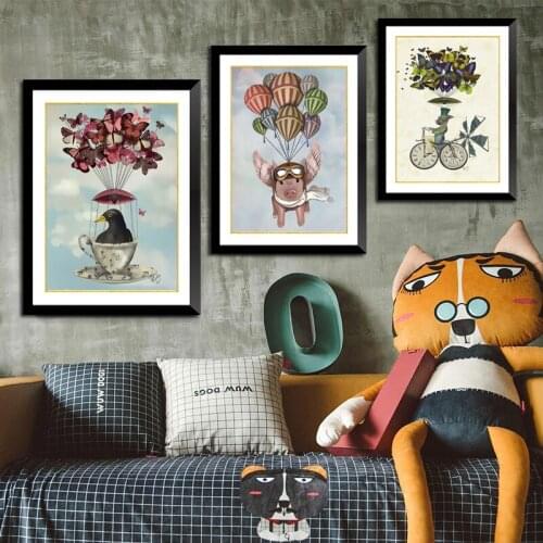 Spray Color Hot Air Balloon Pig Cartoon Animal Crow Canvas Painting Nursery Room Wall Picture Rabbit Penguin Decoration Poster