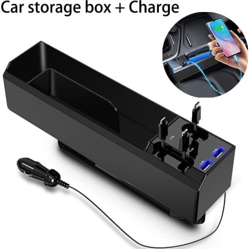 Car Storage Box Retractable Charge Cable 2USB Chagers For Apple Car Seat Gap Organizer Front Seat With Type-c Mirco USB port
