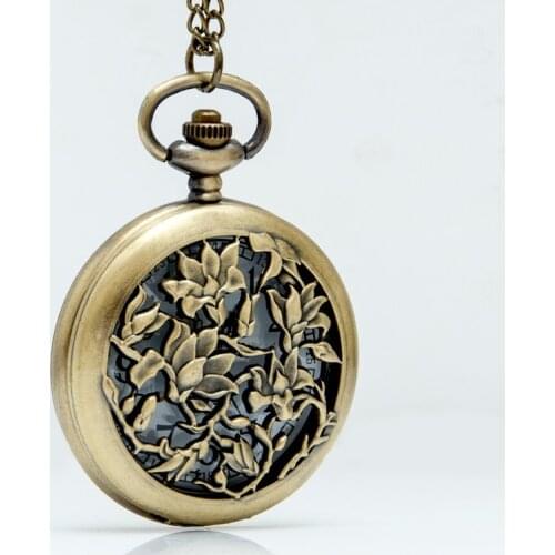 Free shipping Wholesale Vintage Bronze Flower Pocket Watch Necklace Woman Gift Watch Pll65