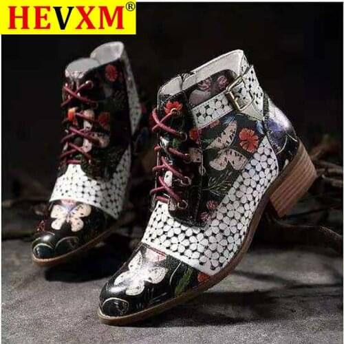 Ink Painting Flower Pattern Boots Women Cow Leather Splicing Lace-Up Stitching Shoes Botas Feminina Dames Laarzen Ankle Boot