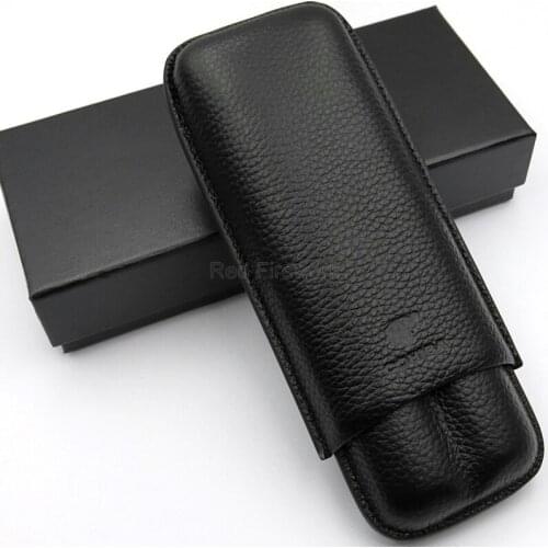 COHIBA Genuine Leather 2 Tubes Cigar Case Holder Travel Pocket Cigars Humidor Portable Cases For Mens Outdoor With Gift Box