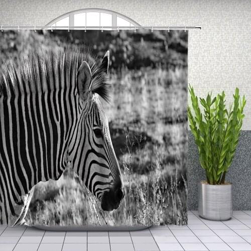 Black and White Zebra Grassland Animal Shower Curtains Bathroom Decor Waterproof Polyester Cloth Curtain Set Cheap