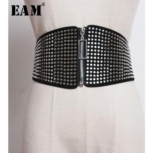 [EAM] 2021 New Spring Summer High Elastic Waist Black Rivet Split Joint Zipper Wide Belt All-match Women Fashion Tide JO084
