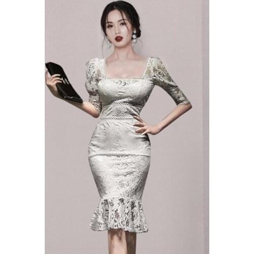 ZAWFL Elegant White Lace Dresses Woman Puff Sleeve Summer Bodycon Dress Female High Waisted Korean Vintage Party Dress Woman