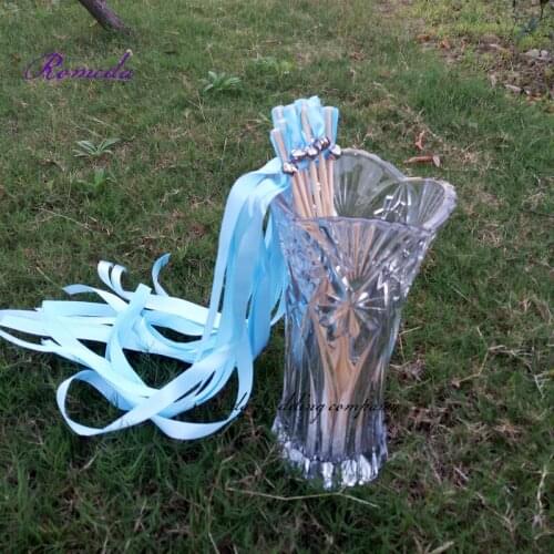 Hot style 50pcs/lot light blue stain ribbon wedding stick Streamers With big sliver Bells for wedding party