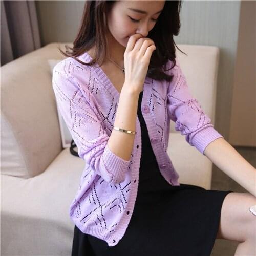 18 new womens Korean long sleeved knit cardigan collar hollow V simple air conditioning shirt female coat F1844