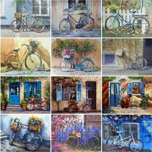 HUACAN Picture By Numbers Bike HandPainted Wall Art DIY Frame Unique Gift DIY Frame Paint By Number Town For Living Room