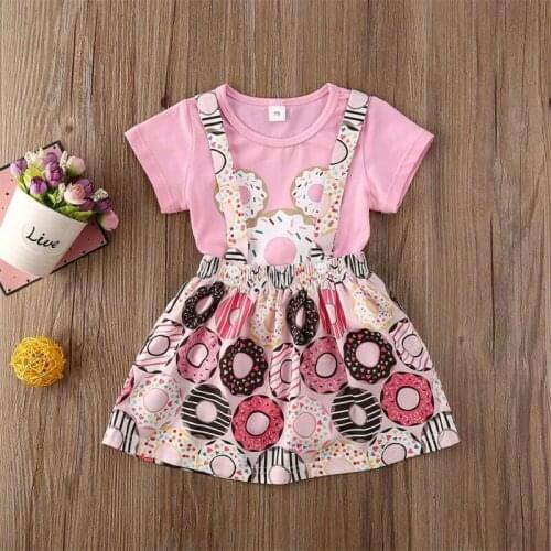 CANIS Summer Newborn Baby Girls Short Sleeve Top Ruffles Donuts Printed Skirts Outfit Clothes Set