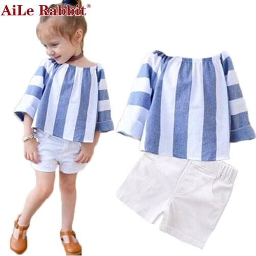 AiLe Rabbit New Arrival Girls Clothing Sets Striped T-shirt Tops Shorts 2 Pieces Fashion Pants Set kids clothes suit k1