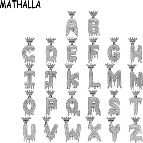 MATHALLA A-Z 26 Alphabet Iced Out Zircon Crown Dripping Initial Letter Pendant Custom Bubble Name Necklace Mens Hip Hop Jewelry