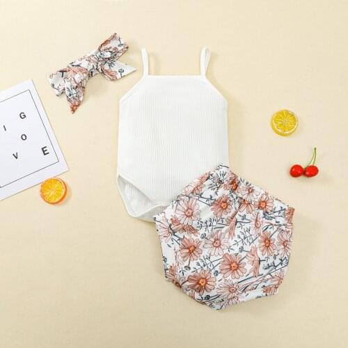 Fashion Newborn Baby Girl Clothes Set Summer White Sleeveless Bodysuit Floral Short Pant Headband 3pcs Outfits Set Clothing