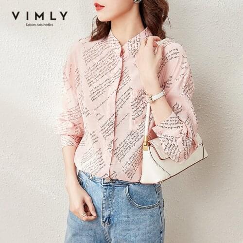 VIMLY Letter Print Shirts For Women Fashion Stand Collar Full Sleeve Blouse Elegant Button up Shirt Female Loose Tops F6727