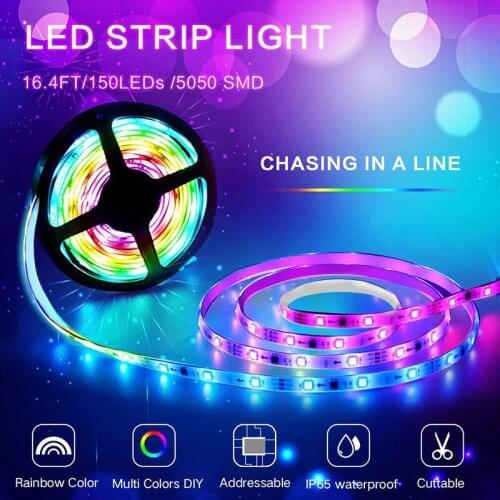 DYUE LED Strip Lights 16.4ft 32.8ft SMD5050 RGB Ribbon Led Color Changing LED Diode Tape Flexible Strip Lights for Home Lighting