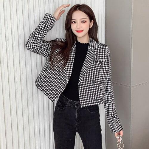 New 2020 Fashion Runway Designer Jacket Womens Long Sleeve Black Buttons Houndstooth Short Jacket Outer Coat