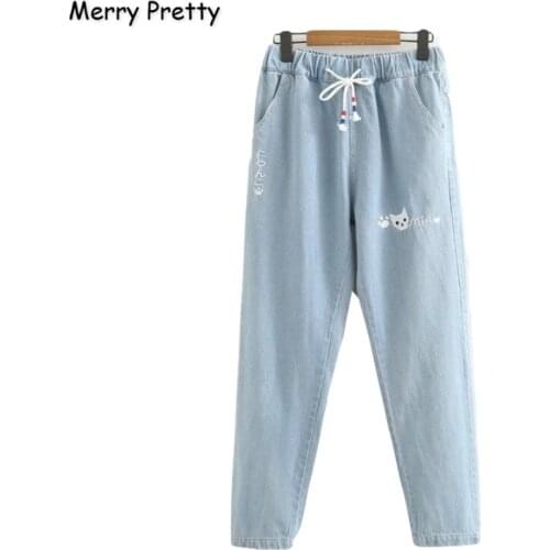 Merry Pretty Women Blue Jeans Pants Cartoon Letter Embroidery Pockets Denim Pants Elastic Waist Straight Harajuku Jean Pants