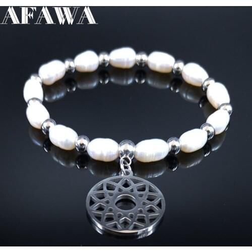 2021 Stainless Steel Freshwater Pearls Chakra Bracelet for Women Silver Color Bracelets Bangles Jewelry pulseira feminina B18728