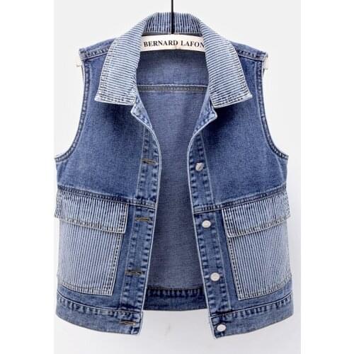 Spring Summer Korean Fashion Denim Vest Women Waistcoat Stripe splicing Big pocket Jeans Vest Blue Sleeveless Jacket Coat Female