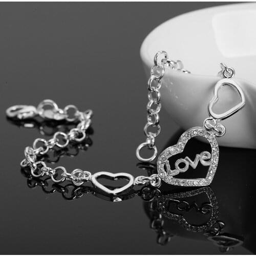 Hot fine 925 Sterling Silver romantic crystal LOVE heart Bracelet for Women Fashion charm Wedding Party Christmas Gift Jewelry