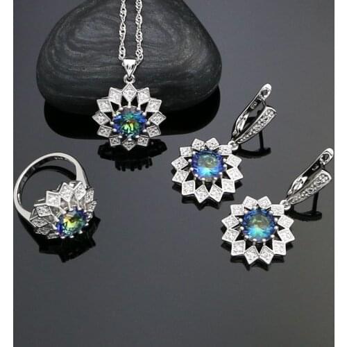 925 Sterling Silver Jewelry Sets Mystic Rainbow Cubic Zirconia White Crystal Earrings Ring Necklace Pendant Set For Women