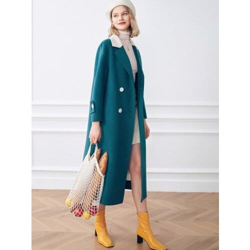 New Color Contrast Lapel Double Breasted Double Faced Woolen Overcoat for Women in Autumn 2021