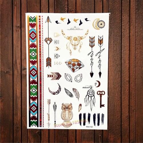 1PC Cute Arm Hand Decal Gold Metallic Tattoo Body Art Owl Feather Ox Design Temporary Tattoo Sticker Shoulder Neck Tatoo AYH-112