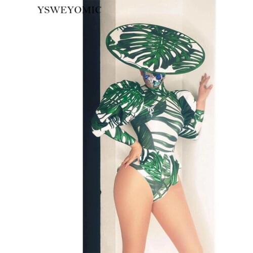 2021 New StyleGreen Pattern Long Sleeve Tuxedo Bodysuit Cap Prom Bar Women Dancer Singer Show Wear Prom Party Stage Dance Outfit