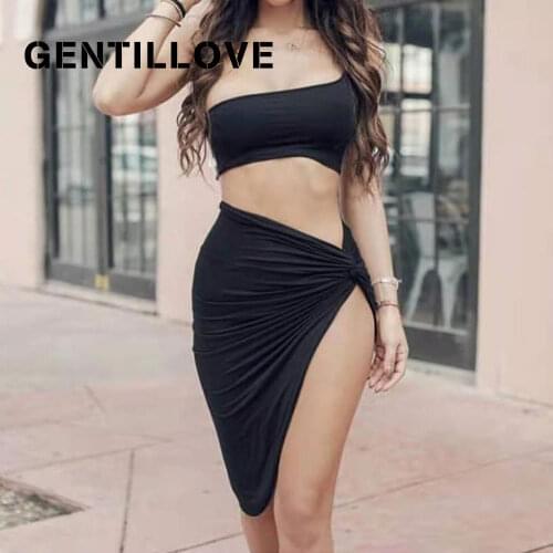 Gentillove 2021 Women Pleated Party Club Tank Top and Mini Skirts Summer Sexy Solid One-Shoulder Irregular Two-Piece Set