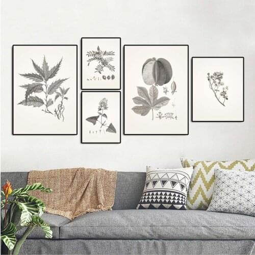 Vinsonloud Home Decoration pictures Print Canvas Wall art poster paitings Retro sketching plant leaves series 4 Beige and gray