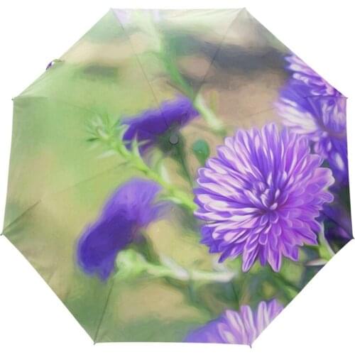 Purple Flowers Printed Full Automatic Umbrella Guarda Chuva Three Folding Umbrella Rain Women Anti UV Outdoor Travel Sombrinha