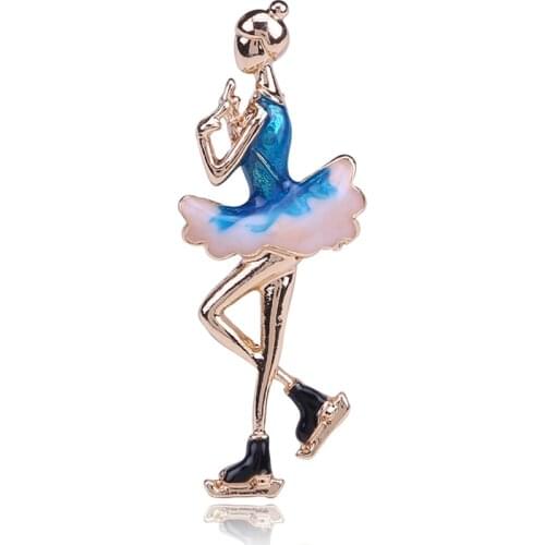 Exquisite Blue Enamel Pretty Flower Skirt Ballet Skating Dancer Girl Brooch For Women Jewelry Pins Brooches Gift Dress Decors