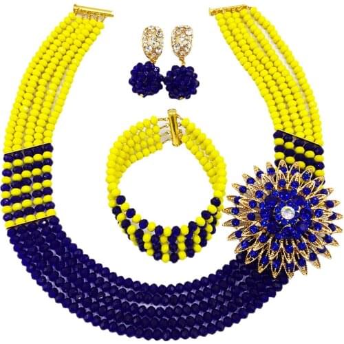 Beautiful opaque yellow and royal blue crystal bead african necklace nigerian wedding beads jewelry set