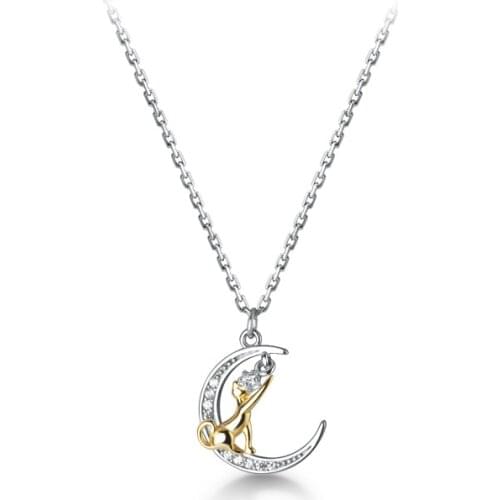 100% real. 925 Sterling Silver Fine Jewelry CZ Set Moon Kitten Cat Pendant Necklace Gift C-D7265