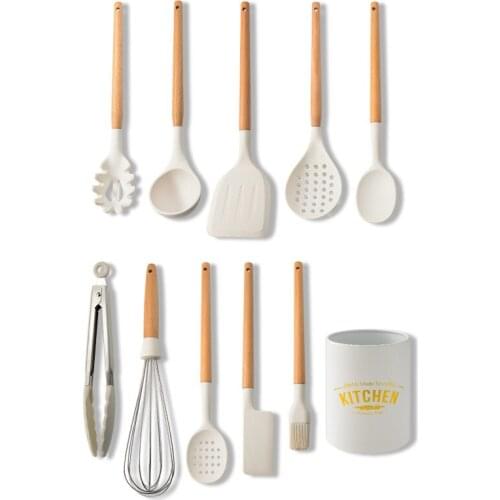 New Milk White Wood Handle Food Grade Silicone Kitchen Cooking Utensils Practical Cooking Tools Turner Spatula Spoon Kitchenware