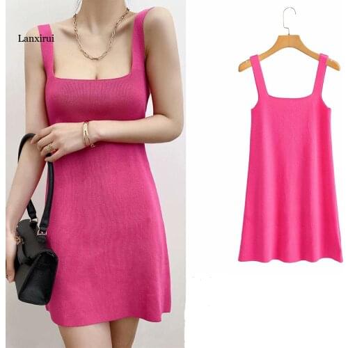 Spring new womens fashion all-match bottoming mini skirt short slim slimming square neck A-line sling knit one-piece dress