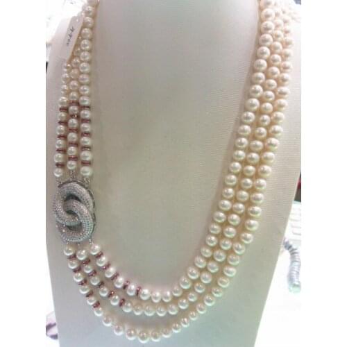 Free shipping wholesale 3rows natural AA 8-9mm white freshwater pearl necklace