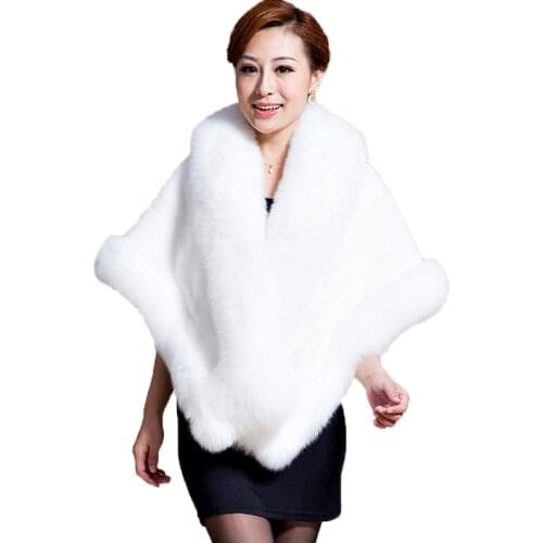 Luxury Winter Party Cape Ladys Genuine Elegant Soft Wrap Women Best Full Rex Rabbit Fox Fur Shawl Coat WHITE
