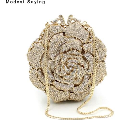 Luxury Gold Bling Rhinesone Handbags for Wedding Party 2018 Women Flowers Crystal Evening Purse Dolly Bags Wedding Accessories
