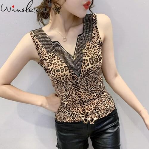 Summer European Clothes Vest Fashion Sexy V-Neck Leopard Shiny Diamonds Women Tops Sleeveless Bottoming Shirt New 2021 T14318A