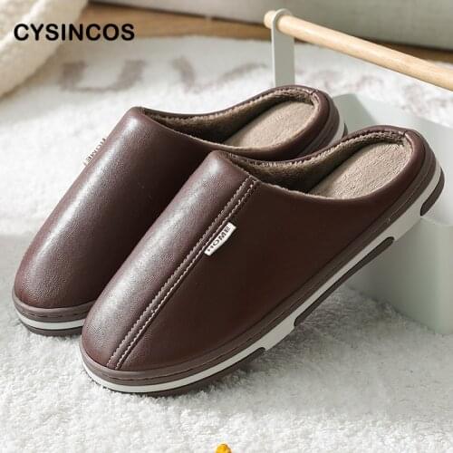 CYSINCOS Men Women Slippers Winter PU Leather Slippers Warm Indoor Slipper Waterproof Home House Shoes Male Couples Slippers