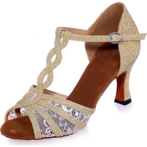 Sweet grils Latin dance shoes professional Salsa Tanga belly dancing practice heels glitter patched lace dance sandals T strap