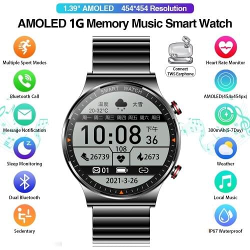 454*454 AMOLED screen smart watch Always display the time bluetooth call local music smartwatch for men Android TWS earphones