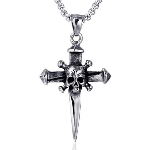Hip Hop Personality Stainless Steel Skull Cross Pendant Punk Gothic Biker Steel Mens Sweater Chain Necklace Jewelry