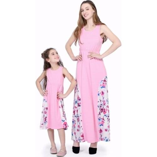 Spring and summer solid color mosaic pink dress dress skirt family installed family equipment dress