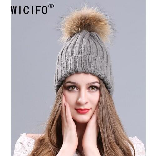 Wucifo mink and fox fur ball cap pom poms winter hat for women girl 's hat knitted beanies cap brand new thick female cap