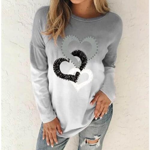 New Tie-Dyed Gradient Heart Print T Shirt Women Long Sleeve O Neck Pullover Tops Ladies T-shirt Relaxed Loose top Tshirt Women