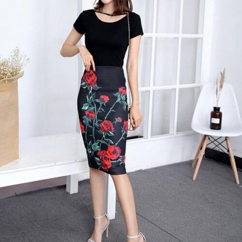 QRWR Office Lady Style Floral Summer Women Skirt 2020 Elegant Knee Length Skinny Sexy Pencil Skirt Women