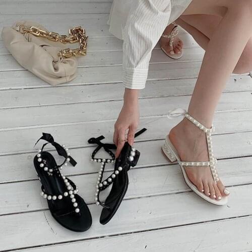 Women Sandals 2021 Summer Flip-Flops Chunky Heel Low Heel Fashion Pearl Sandals for Women