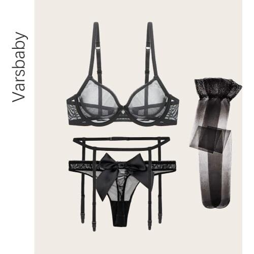 Varsbaby Womens Fashion 4-Piece Set Sexy Lingerie see-through Bra + Lace G-string + Garter Belt + stocking Black