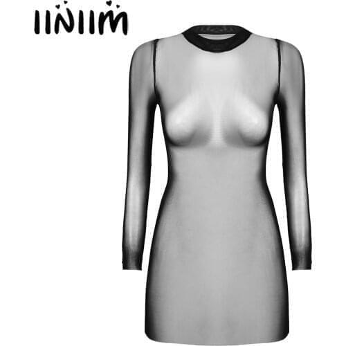 Womens Sexy Mesh Sheer Cover Up Exotic Mini Dress See Through Sexy Dresses Long Sleeve Club Wear for Evening Parties Costumes